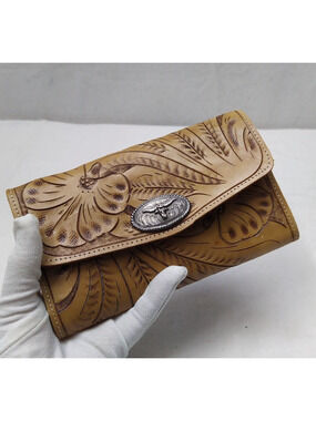 Sergios Collection Brown Leather Floral Buffalo Credit Card Trifold Wallet